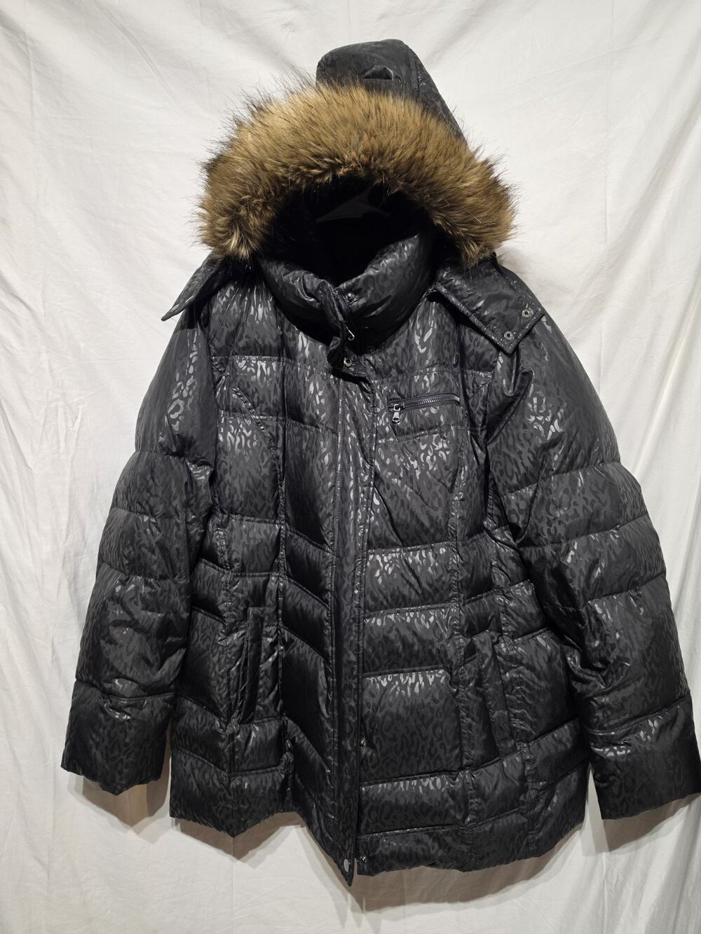 Coat Puffer Jacket Covington Black Lepord Zips & Snap Pockets Detachable Hood 1X
